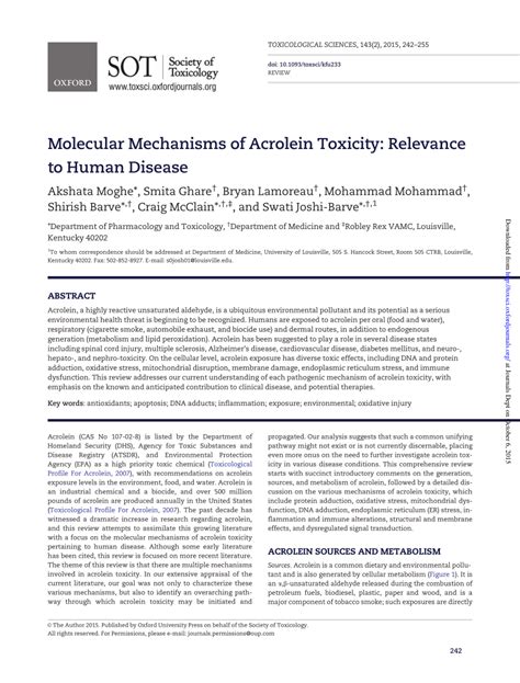 Molecular Mechanisms of Acrolein Toxicity: Relevance to Human .
